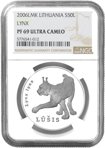 2006 Рысь Литва серебряная монета 50 литов PF 69 ULTRA CAMEO (1)