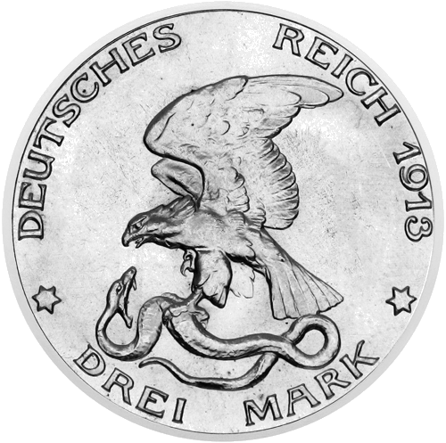 3 markas Karš pret Napoleonu 1913 Prūsijas karaliste sudraba monēta (2)