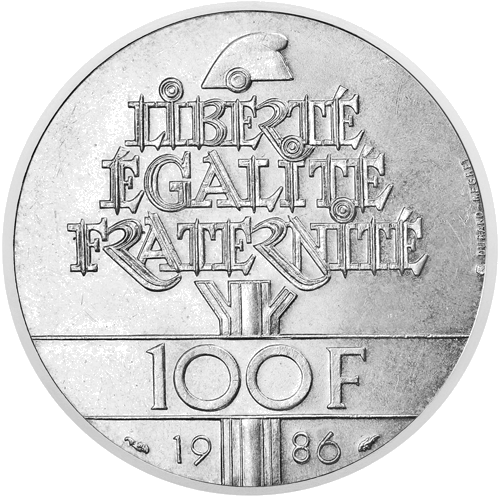 100 франка Статуята на свободата 1986 Франция сребърна монета (2)