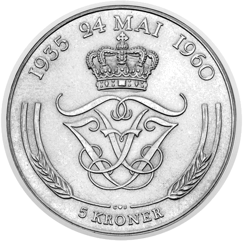 5 крони Крал Фредерик IX Сребърна сватба 1960 Дания сребърна монета (2)