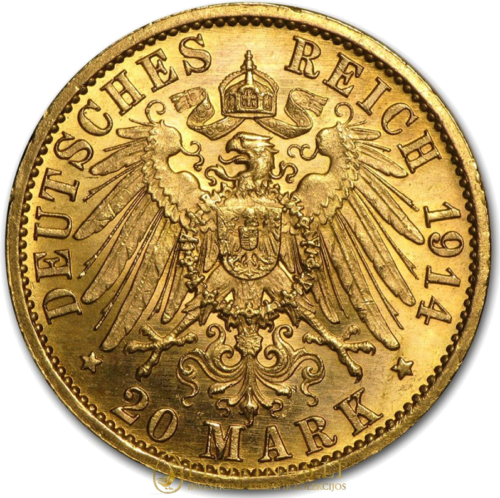 Германска империя Златна монета от 20 марки Вилхелм II (1913-1914) (2)