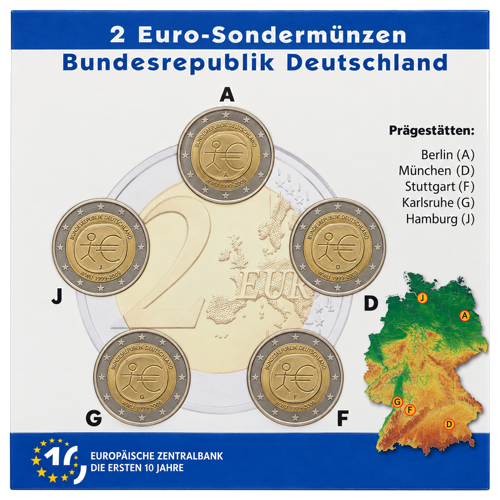 2009 Vācija EMU 2 eiro monētu komplekts piemiņas BU iepakojumā (2)