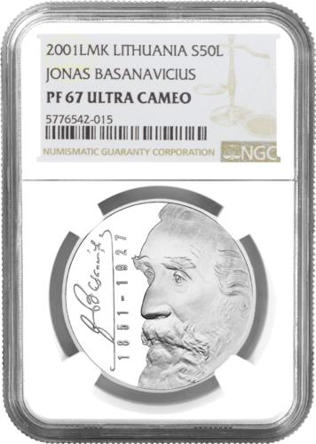 2001 Basanavičius Lithuania 50 Litas Silver Coin PF 67 ULTRA CAMEO (2)