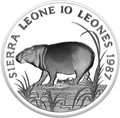 10 leones Hipopotamas 1987 Siera Leonė sidabrinė moneta (1)
