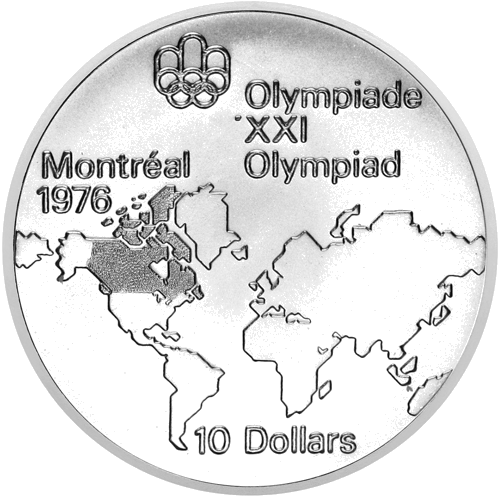 10 dolerių Oliampiada Pasaulio žemėlapis Kanada 1975 sidabrinė moneta (1)