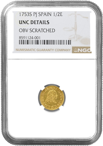 1757 Ispanija Ferdinandas VI 1/2 eskudo auksinė moneta sertifikuota NGC (1)