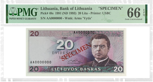 1991 Lietuva 20 Litų banknotas (Pavyzdys) PMG GEM UNC 66 EPQ (1)