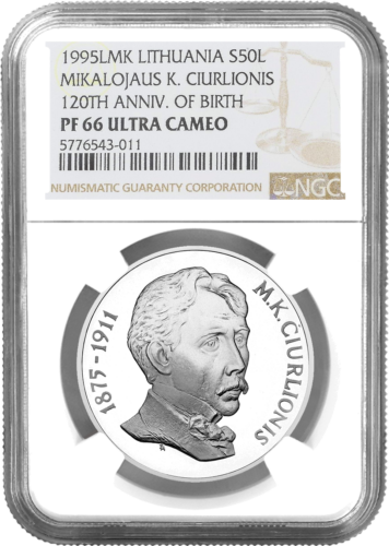 1995 Микалоюс К. Чюрльонис 50 лита сребърна монета PF 66 ULTRA CAMEO (1)