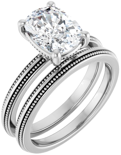 Sužadėtuvių Žiedas „Solitaire Milgrain“ 14k white gold Elongated Cushion 9mm x 7mm (6)