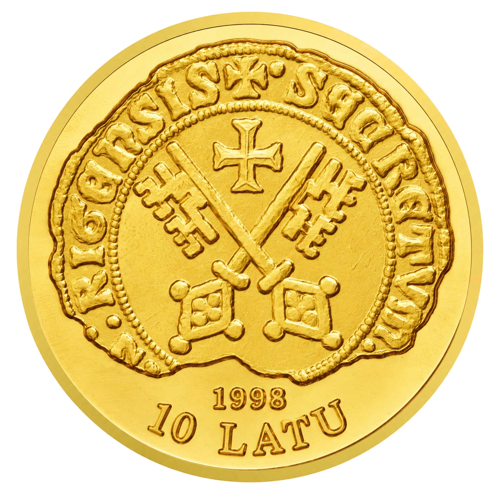 10 Latų 800 metų Rygai 1998 Latvija auksinė moneta (2)