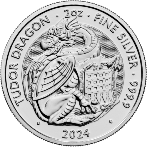 2024 Didžioji Britanija Karališkieji Tiudorų žvėrys: Drakonas 2 oz sidabrinė moneta (1)