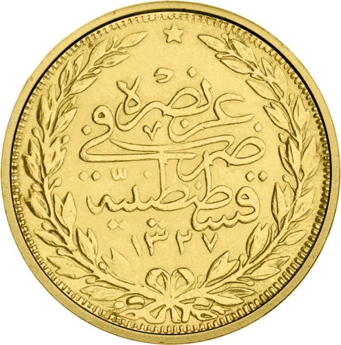 100 kurušų Mehmet V 1327 (1909-1918) Osmanų Imperija auksinė moneta (1)