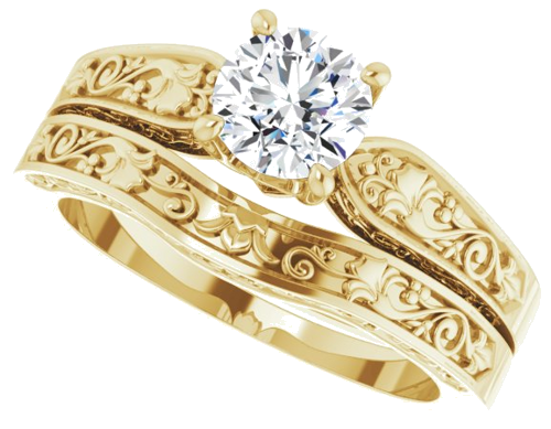 14K Yellow 5.8 mm Round Floral Solitaire Engagement Ring Mounting (10)