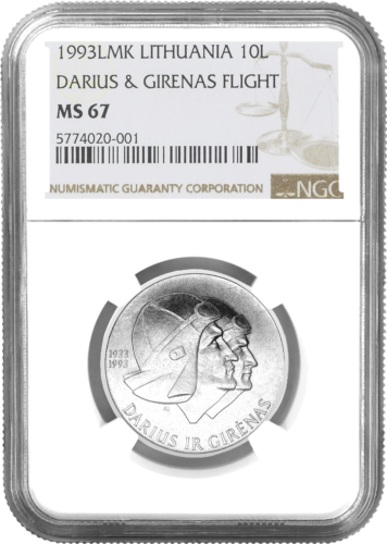 1993 Дариус и Гиренас 10 лита сребърна монета MS 67 (1)