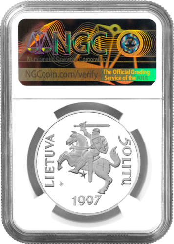 1997 450-летие первой литовской книги 50 литов серебряная монета PF 69 ULTRA CAMEO (2)