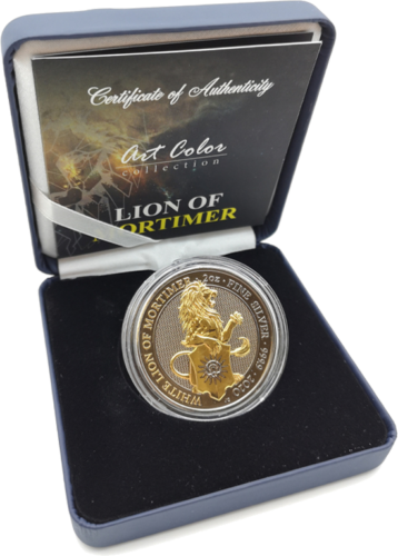 2 oz White Lion of Mortimer (Art of Color collection) gold plated 5 pounds silver coin (3)