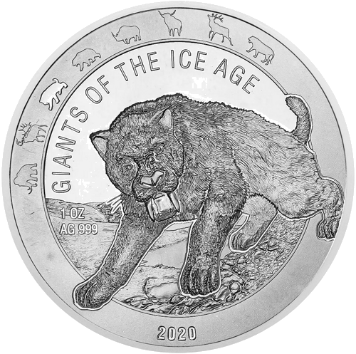 1 oz Ledus laikmeta zvēri Zobu tīģeris 2020 Gana sudraba monēta (1)