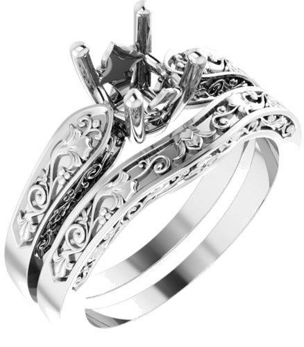 14K White 5.5 mm Asscher Floral Solitaire Engagement Ring Mounting (6)