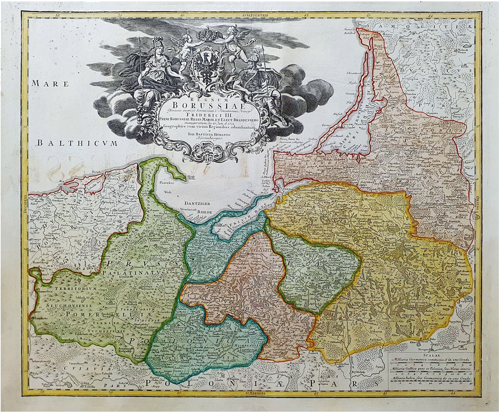 Карта на Европа: Литва, Полша и Прусия, „Regnum Borussiae Gloriosis“, Й. Б. Хоман, около 1701–1720 г. (1)