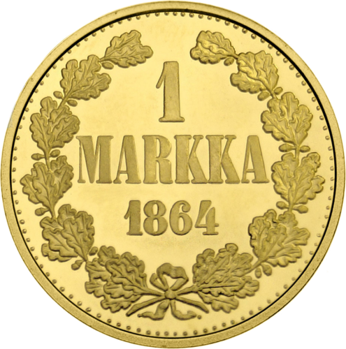 1 Markka 1864 Monetų kalykla Rahapaja Suomija auksinė moneta (2)