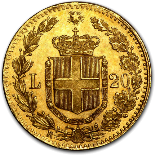 20 Lirų Umberto I 1879-1897 auksinė moneta Italijos Karalystė (2)