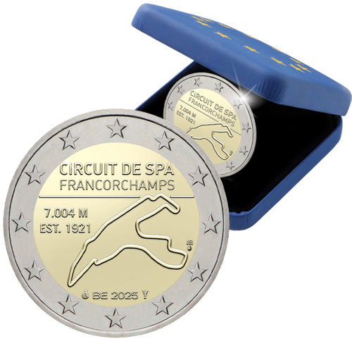 2025 Beļģija Formula 1 2 eiro Proof monēta kastītē (1)