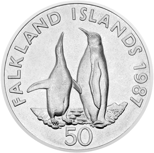 50 pensu sudraba monēta, Karaliskie pingvīni, Folklenda salas, 1987. gads (1)