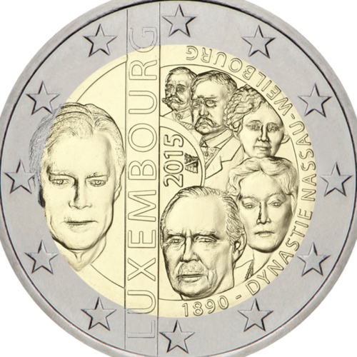 Монета от 2 евро на династията Насау-Вайлбург от 2015 г. Люксембург (2)