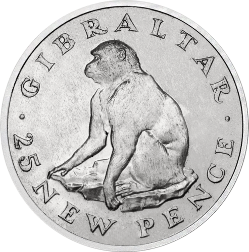 25 pensai Barbaro bezdžionė 1971 Gibraltaras sidabrinė moneta (1)