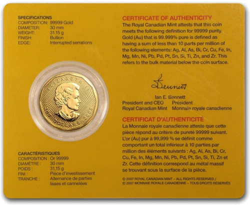 2008 Канада Златна монета от 1 унция.  Кленов лист 99999 (2)