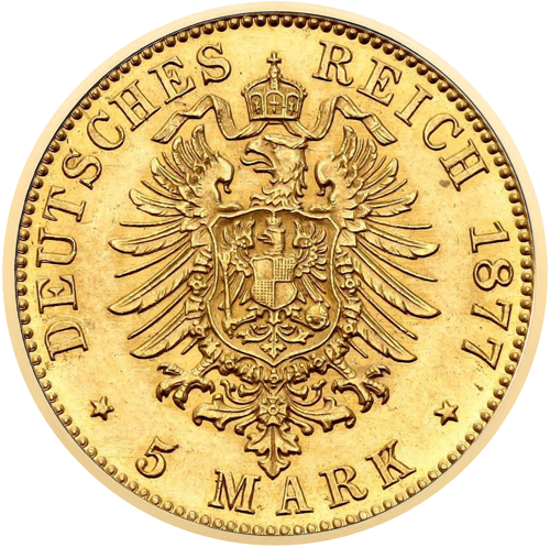 5 markas Vilhelms I (1877–1878) Vācijas impērijas zelta monēta (2)