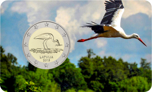 2015 Latvija Juodasis gandras 2 eurų BU moneta kortelėje (1)