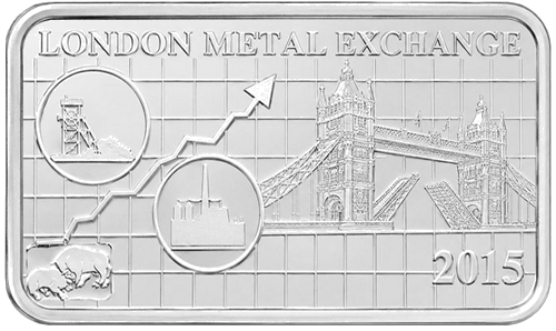 Londono metalų birža Kuko salos 2015 sidabrinė moneta-luitas (1)