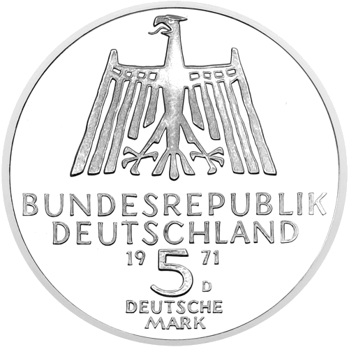 1971 Albrecht Diurer Vokietija 5 markių sidabrinė moneta (2)