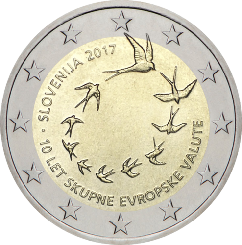 2017 Словения 10 години еврото Монета от 2 евро (1)