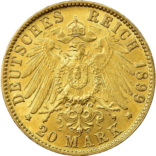 20 Markių Hamburgas (1875-1913) auksinė moneta Vokietijos imperija (2)