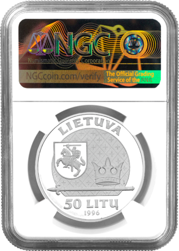 1996 Lietuva Mindaugas Lietuvos Karalius 50 Litų sidabrinė moneta PF 69 ULTRA CAMEO (2)