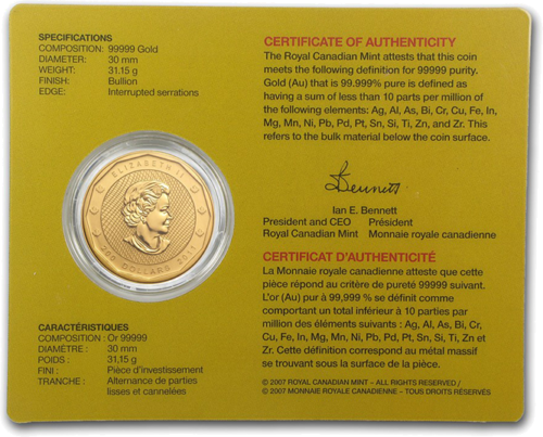 2011 Канада Златна монета от 1 oz Планински кленов лист 99999 (2)