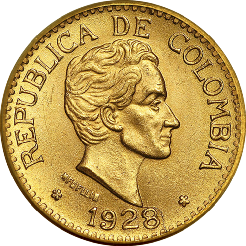 5 pesai Simon Bolivar (1919-1930) Kolumbija auksinė moneta (1)