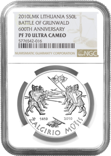 2010 Žalgirio mūšis Lietuva 50 litų sidabrinė moneta PF 70 ULTRA CAMEO (1)
