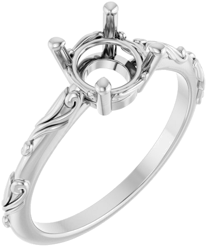 14K White 7 mm Round Solitaire Scroll Engagement Ring Mounting (1)