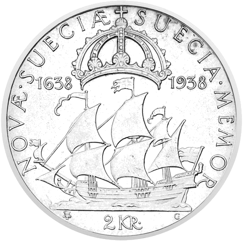 1938 gada 2 kronu sudraba monēta Jaunā Zviedrija (1)