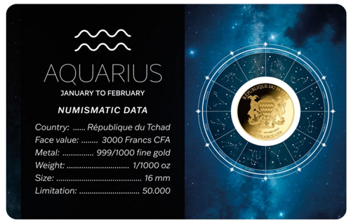1/1000 oz Ūdensvīrs (Zodiac Series) 3000 franku Čada zelta monēta (2)