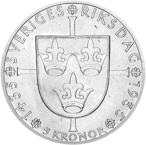 5 Kronor King Gustaf V Swedish Parliament 1935 Sweden silver coin (2)