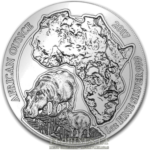 2017 Hipopotamas, Ruanda, 50 frankų, 1 oz sidabrinė moneta (1)