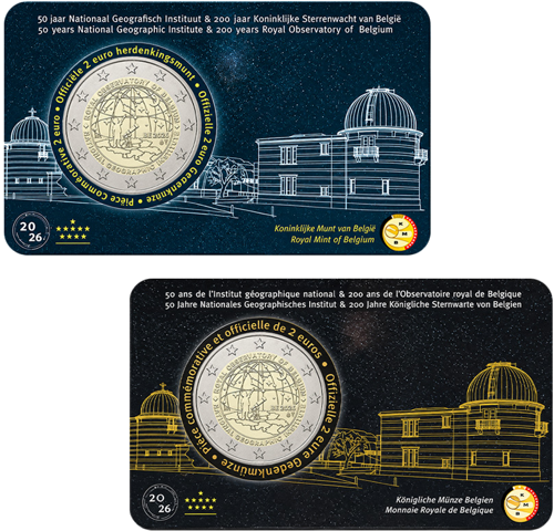 2026 Beļģija Ģeogrāfijas institūta un Karaliskās observatorijas jubileja 2 eiro monēta BU kartītē (1)