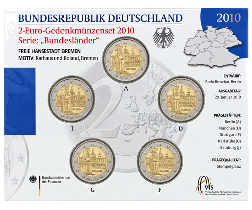 2010 Германия Федерална провинция Бремен Комплект 2 евро монети в специална BU опаковка (2)