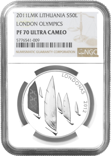 2011 Олимпиада в Лондоне Литва 50 литов серебряная монета PF 70 ULTRA CAMEO (1)