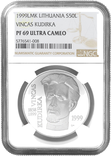 1999 Vincas Kudirka 50 litu sudraba monēta PF 69 ULTRA CAMEO (1)