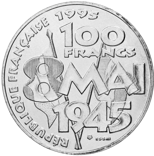 1995 Франция 50-летие Второй мировой войны 100 франков серебряная монета (2)